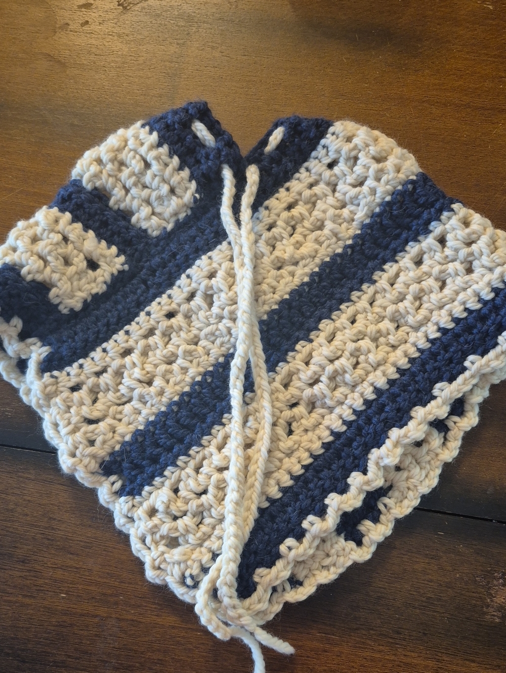 Custom Crochet Infant Toddler Cape Poncho Navy & Cream Stripes  Doll Clothed